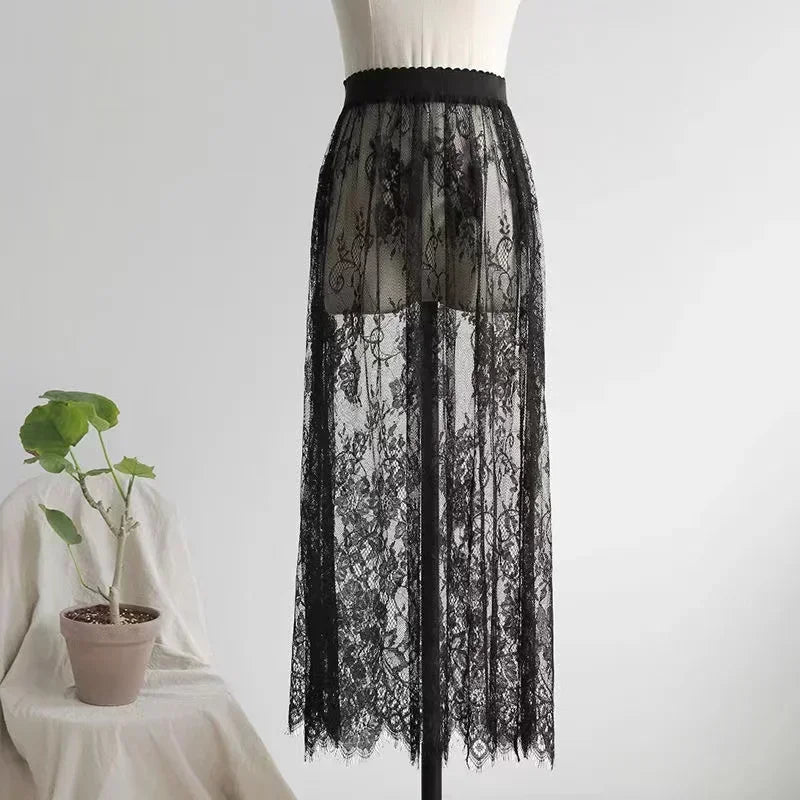 Transparent Sexy Lace Mesh Skirt Elastic High Waist Black White Tulle Mini Skirts Womens Skirt Korean Fashion Women's Skirt