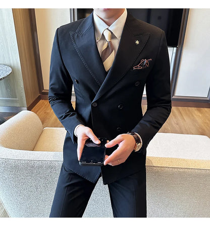 (Jackets+Pants) Luxury Double Breasted Design Slim Fit Suit High Quality Fashion Men's Wedding Social Suit Tuxedo 2 Piece Set