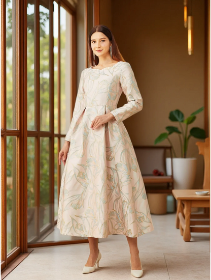 Elegant lady's fitted long-sleeved dress - luxurious and sophisticated party and banquet evening gown, mid-length style