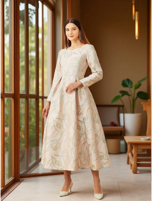 Elegant lady's fitted long-sleeved dress - luxurious and sophisticated party and banquet evening gown, mid-length style