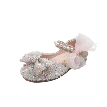Toddler Girl's Princess Shoes Sequins Lace Bowknot 21-36 Children Mary Janes Three Colors Luxury Trendy Party Kids Shoes Flats