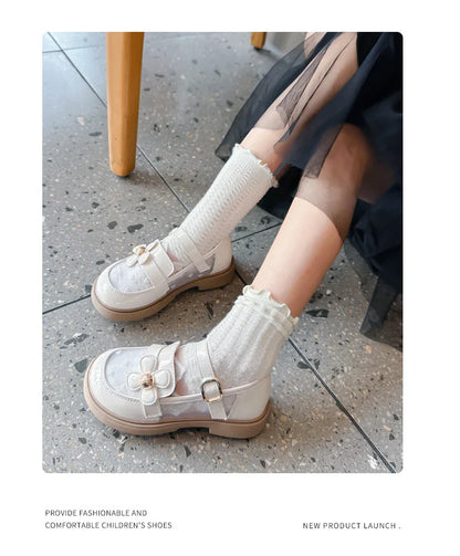 Toddler Girls Elegant Glossy Mesh Mary Jane Flats Flower Buckle Strap Heart Pattern Chunky Sole Comfortable Party School Shoes