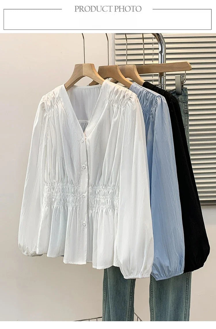 2026 V-neck Long Sleeved Plus Size Shirt Loose Pleated Ruffle Oversized Tops Ladies Chic Elegant Solid Versatile Blouse