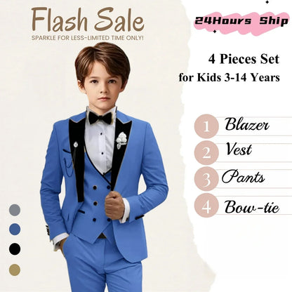 2025 New Kids Suit Set, 4 Pieces Formal Homecoming Suits for Boys, Jacket Vest Pants Bowtie Velvet Collar