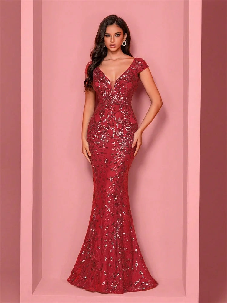 Elegant Champagne Evening Dress For Women Long 2024 Luxury Mermaid Formal Sequins Prom Wedding Party Cocktail Dresses