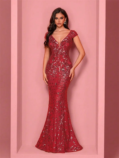 Elegant Champagne Evening Dress For Women Long 2024 Luxury Mermaid Formal Sequins Prom Wedding Party Cocktail Dresses