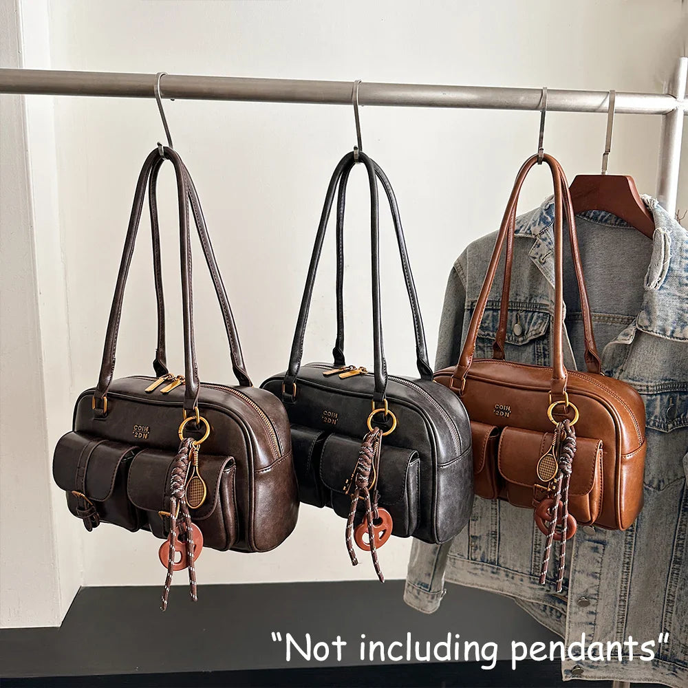Women's Retro Solid Color Pu Leather Shoulder Bag with Multiple Pockets, Large Capacity, Exquisite and Fashionable Handbag