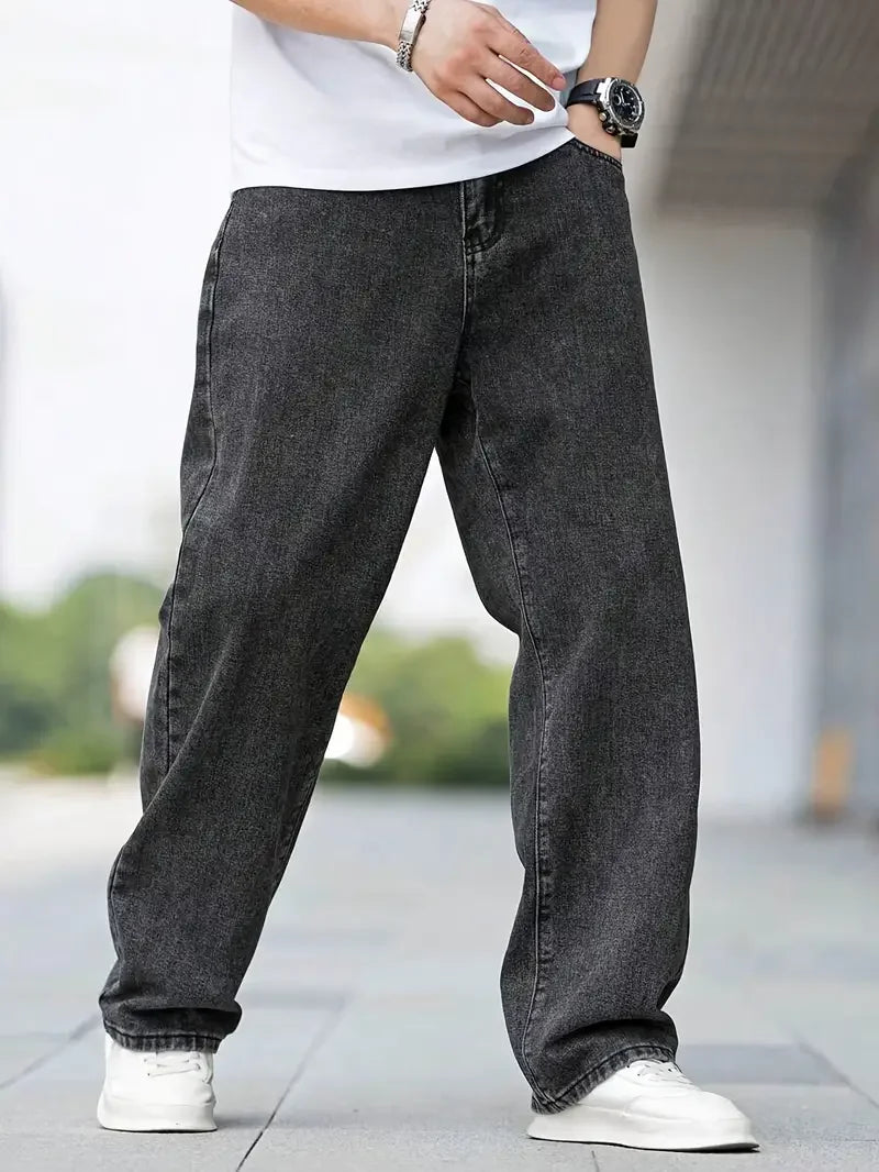 Men's Dark Grey Straight Leg Jeans - Minimalist Casual Denim Pants