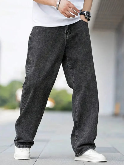 Men's Dark Grey Straight Leg Jeans - Minimalist Casual Denim Pants