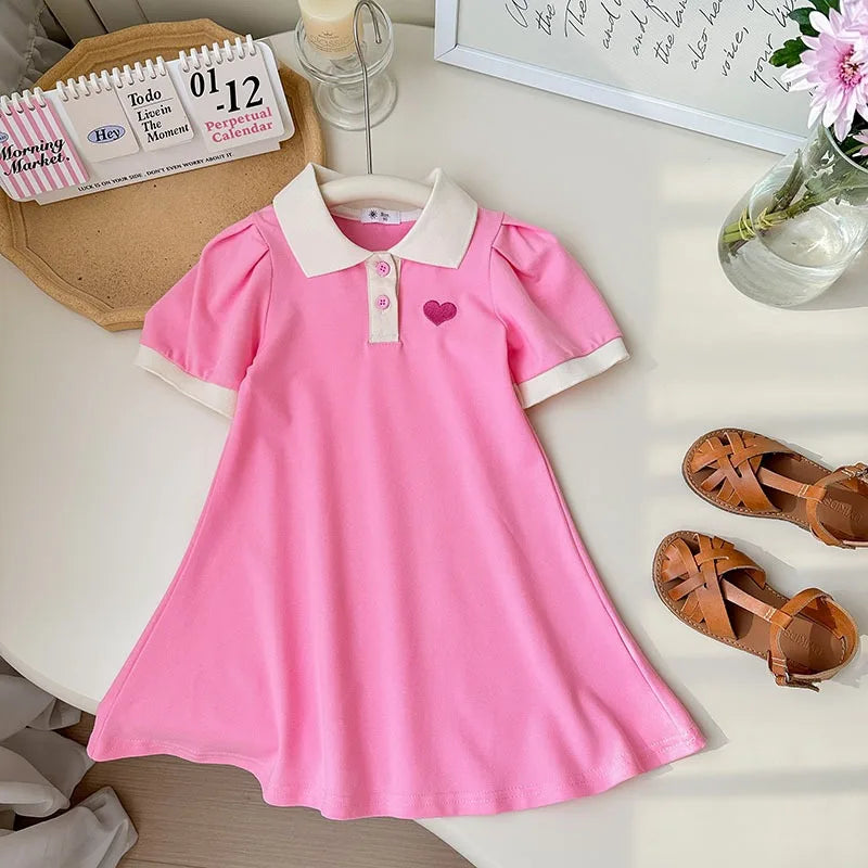 Girls Cotton Lapel Collar Dress Cute Solid Color  Pink  A-line Dress Kids Casual Skin-friendly Daily  Dress