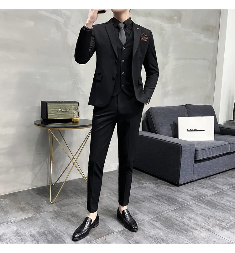 ( Blazer + Vest + Pants ) Boutique Fashion Solid Color Men's Slim Casual Business Suit Three-piece Set Groom Wedding Dress Party
