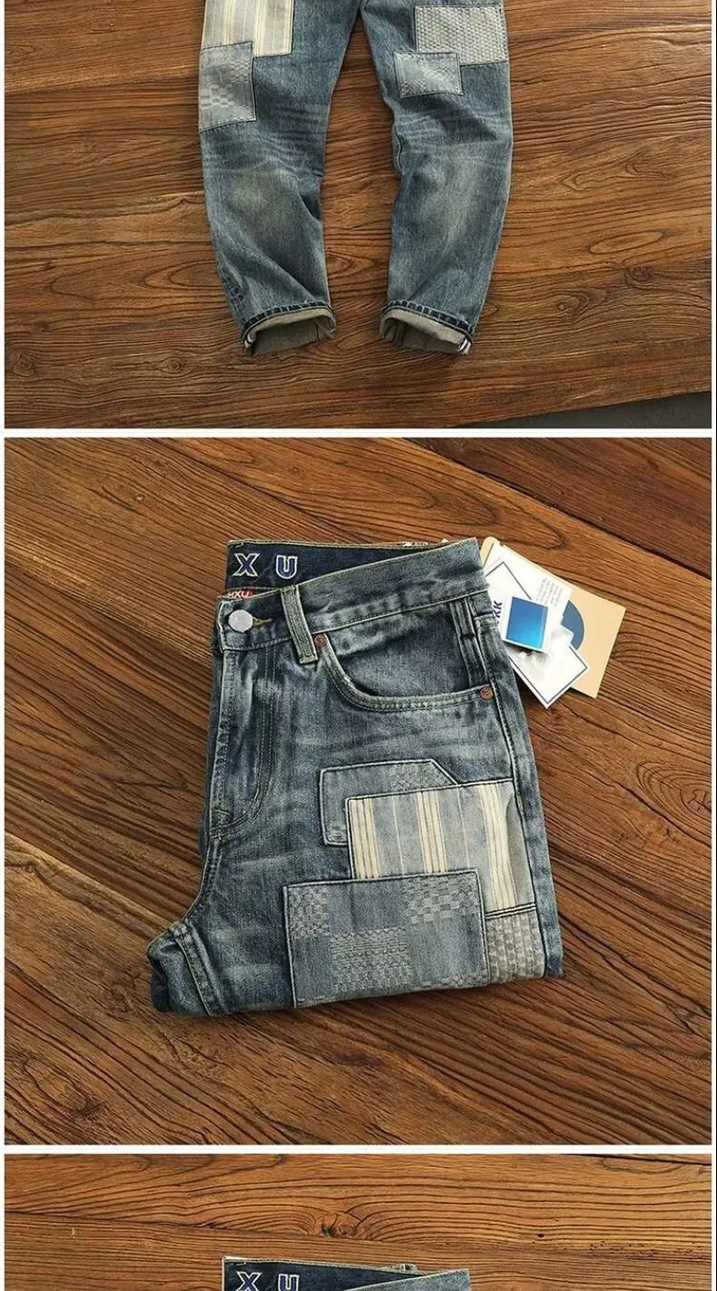 Autumn and Spring New Fashion Trend Printed Ripped Straight Leg Jeans Men's Casual Loose Vintage Sports High-grade Denim Pants