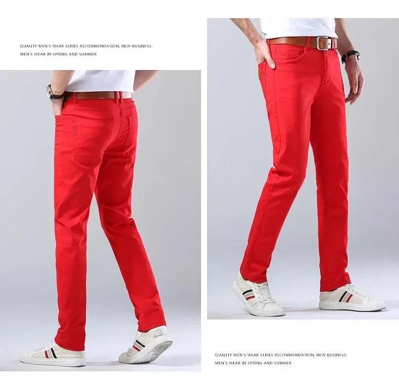 Autumn Jeans Men's New Brand Clothing Fashion Stretch Denim Pants Straight Trousers Male Red Lake Blue Yellow Trousers