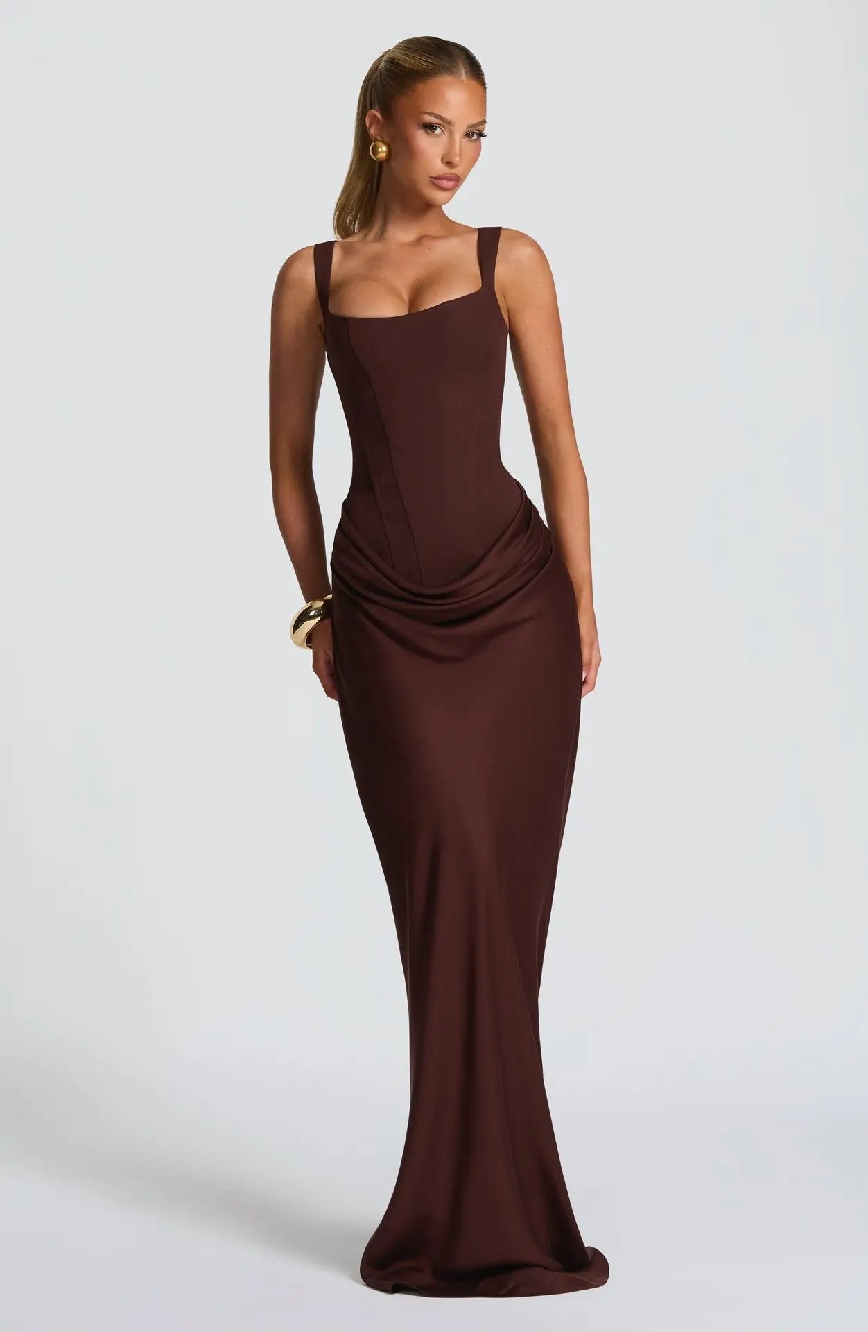 Women's casual long sleeved slim fit fishbone pure desire suspender jumpsuit long skirt slim fit solid color hip hugging dress