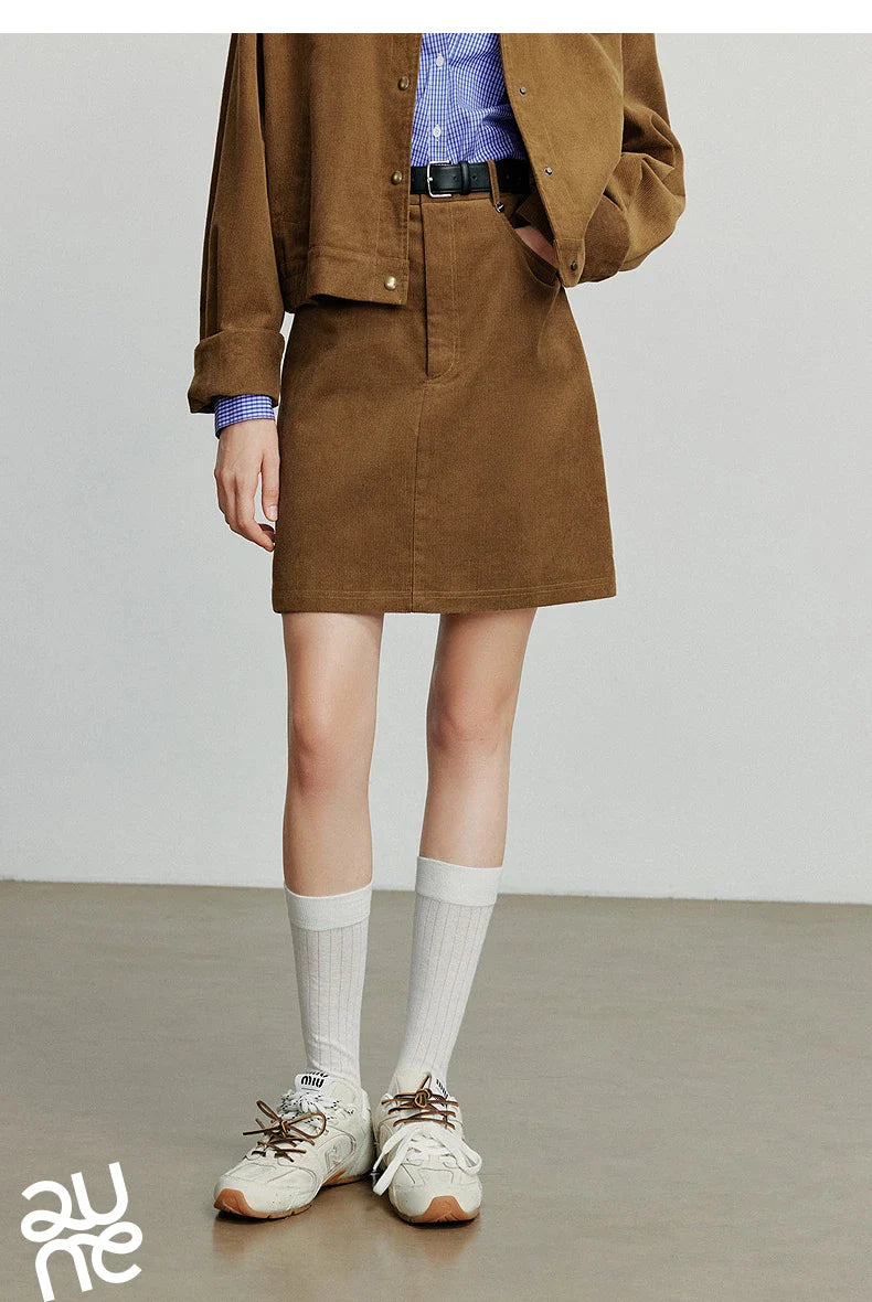 Women Midi Skirt 2025 Autumn New Retro Corduroy Elastic Waist Pure Cotton A Line Mini Skirt