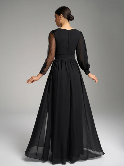 round Neck Asymmetrical Lantern Sleeve Luxury Bead Splicing Belted Waist Black Elegance Evening Dress Evening Gown