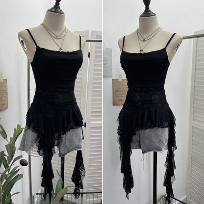 Summer Y2K Camisole for Women Casual Spaghetti Straps Double Layers Lace Stretch Mesh Patchwork Asymmetrical Slim Tops