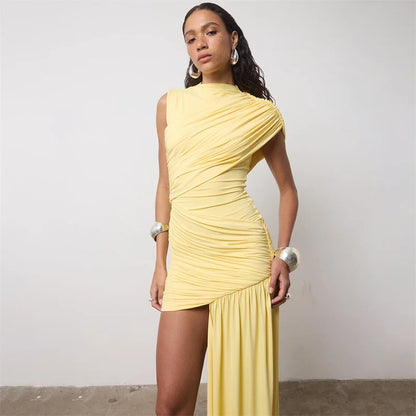 Summer Draped Ruched Sexy Mini Dress Women 2025 New Irregular High Waist Slim Fit Dress Female Elegant Club Tank Dress