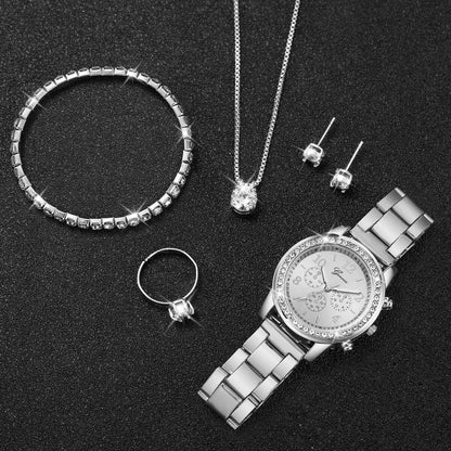 6PCS/Set Fashion Rhinestone Women Watches Analog Quartz Wrist Watch Jewelry Set Reloj Mujer（Without Box）