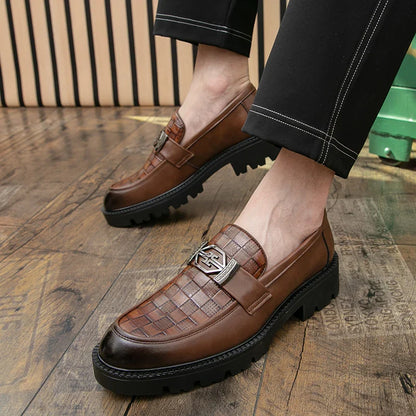 Men Loafers PU Thick Sole Round Toe Checkered Pattern Fashionable Classic Business Formal Shoes