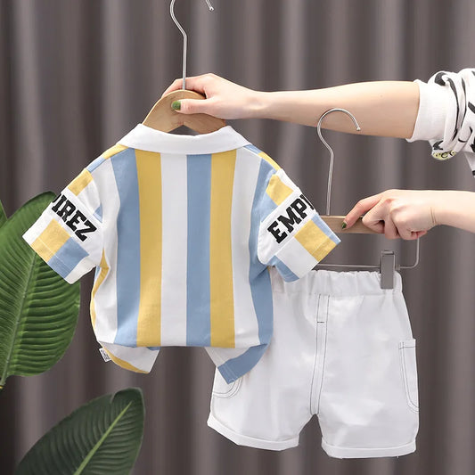 ‌New 2025 Boys Cotton Striped Shorts Set 2-Piece Summer Outfit Fashion Short Sleeve Casual Playwear Stylish Kids Clothing‌