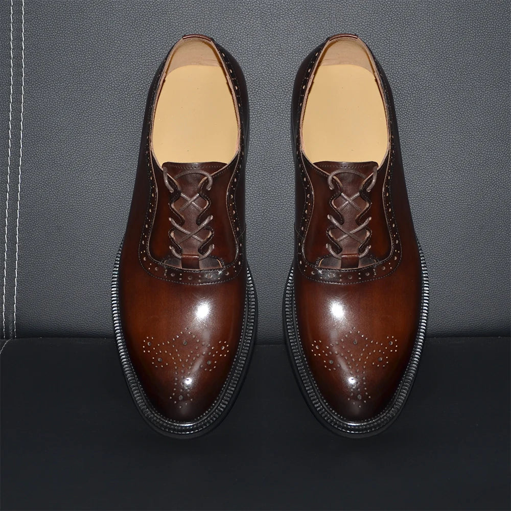 Classy Men's Oxfords Wedding Formal Shoes Handmade Genuine Leather Lace-up Brogue Round Toe Business Office Dress Shoes for Men