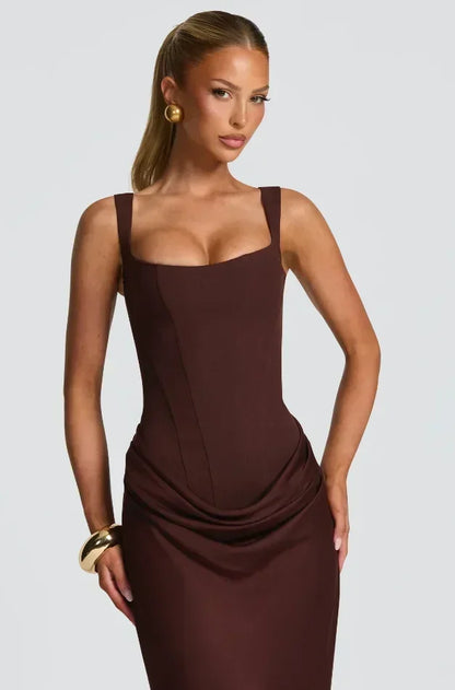 Solid Pleated Sling Dress Square Neck Sleeveless Off-shoulder Waist Cinching Slim Women Dresses Fashion Evening Party Gowns 2025
