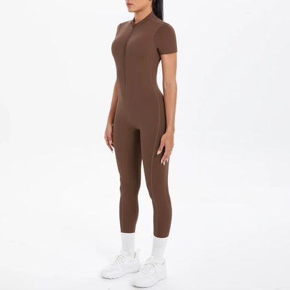 Short Sleeved Fitness Jumpsuit for Woman Bodysuits Backless Solid Color Scrunch One-Piece Suit Half Zipper Gym Yoga Sets Womens