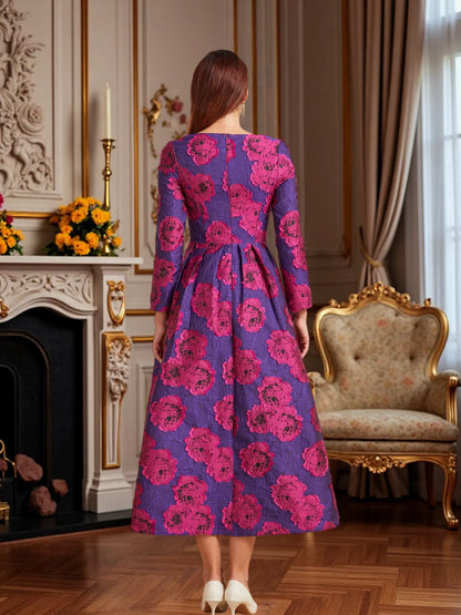 Luxury Long Jacquard Dress for Women Maxi Autumn Winter Party Dress Boho Floral Fashion Evening Clothing Vintage Robe