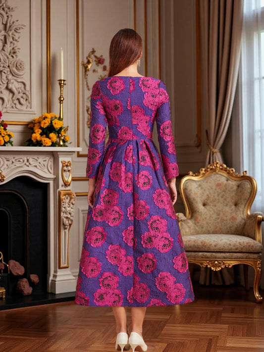 Luxury Long Jacquard Dress for Women Maxi Autumn Winter Party Dress Boho Floral Fashion Evening Clothing Vintage Robe