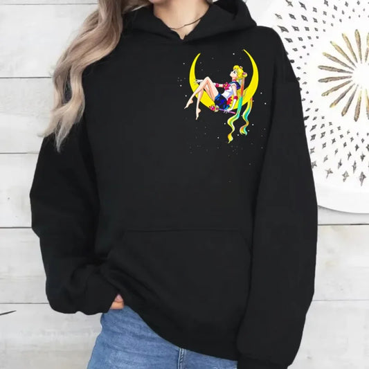 Neon Art Hoodie, Autumn Winter Y2K Rainbow Moon Girl Print Sweatshirt, Edgy Loose Hooded Top for Women
