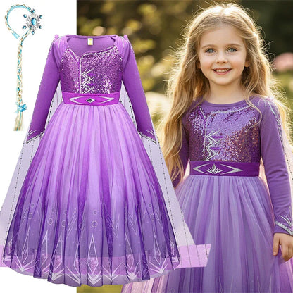 Snow Queen Elsa Princess Dress for Kids Girls Cosplay Frozen 2 Costume Birthday Party Children Purple Sequins Mesh Clothes 2-10Y