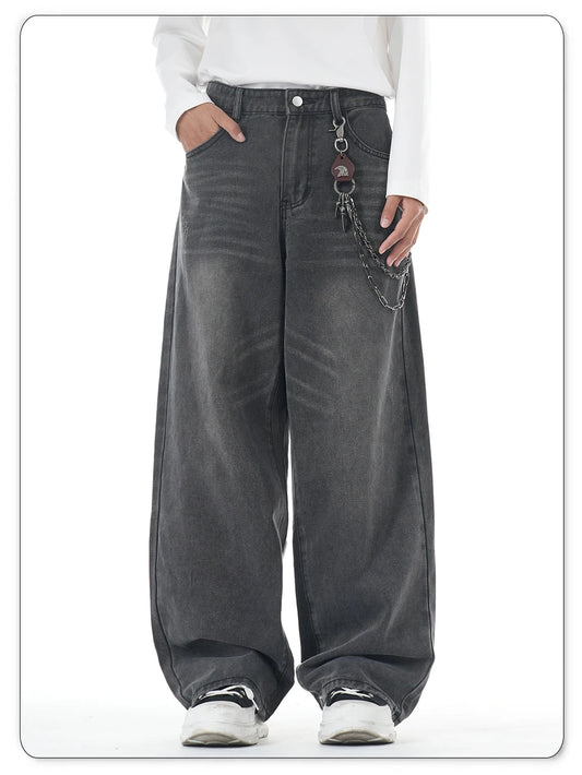 American Retro Washed Gray Baggy Straight Wide Leg Jeans Men's Business Casual Baggy Four Season Denim Pants Unisex Clothes