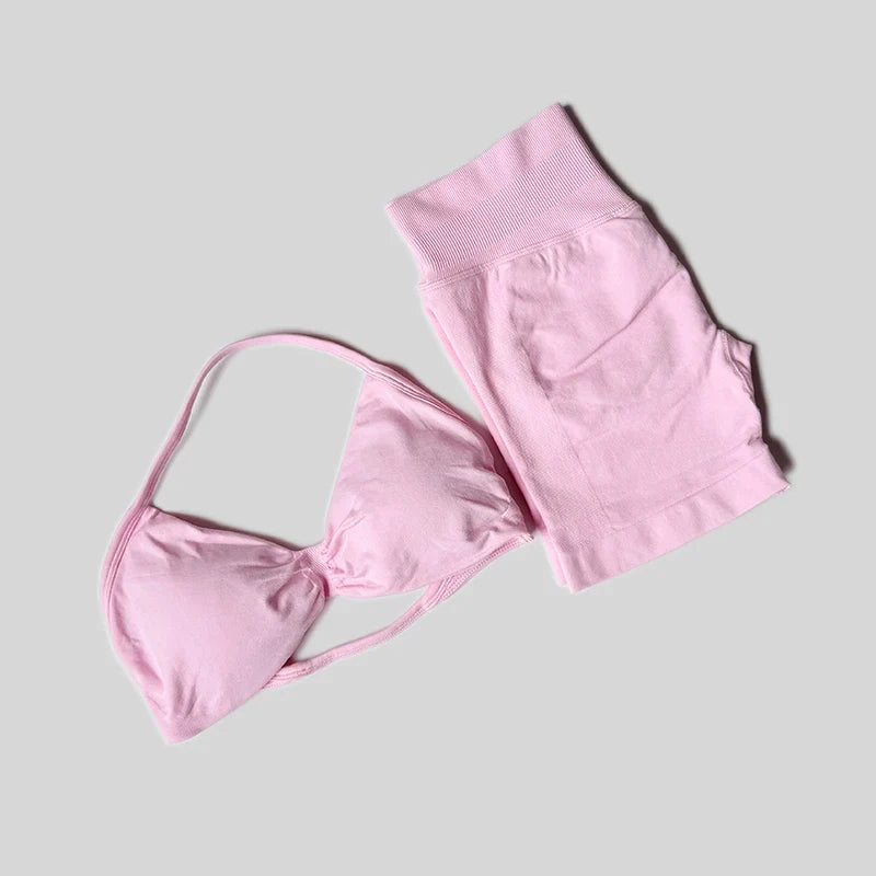 Yoga Set Fitness Gym Women Solid High Waist Peach Short Legging Halter Neck Sport Bra Athletic Gym Suit