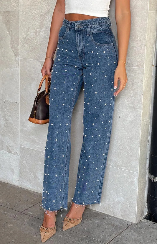 Jeans Denim Pant Women Long Pants Beading High Waist Casual Straight Trousers Y2k Streetwear Elegant Splice Mom Jeans 2025