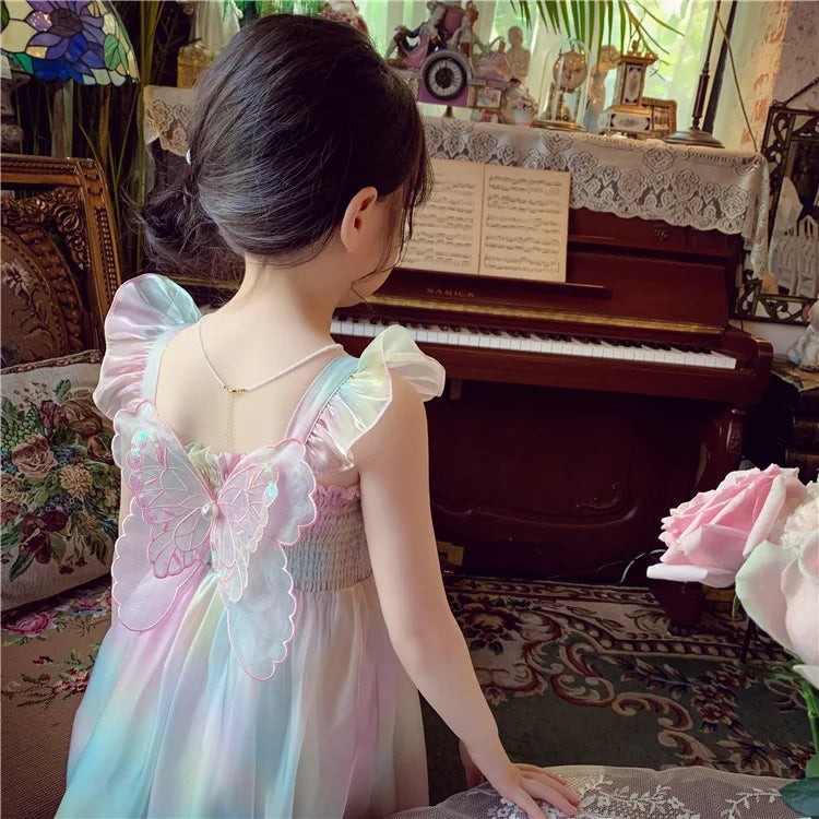 Rainbow Color Fancy Butterfly Dress for Baby Girls Summer Tie Dye Elastic Bust Mesh Frock Toddler Cute Casual Suspenders Robes