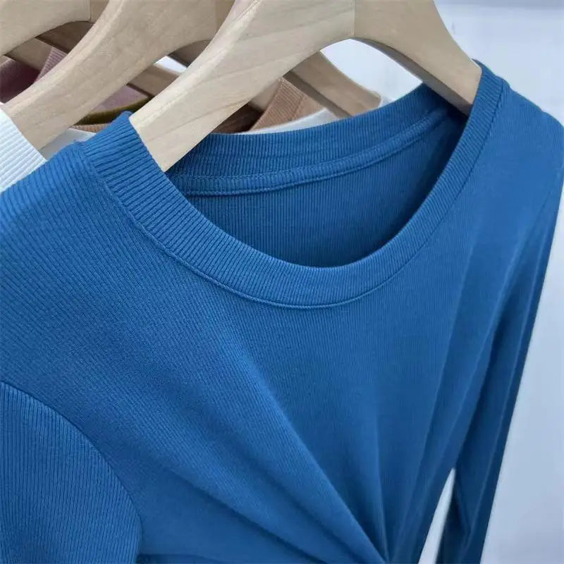 Outono Escritório Senhora Básica Gola Redonda Slim T-Shirt Feminina Cor Sólida Multicor Tendência Versátil Casual Top Manga Longa Elástico Canelado