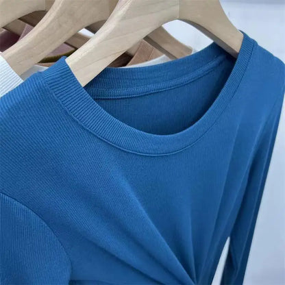 Outono Escritório Senhora Básica Gola Redonda Slim T-Shirt Feminina Cor Sólida Multicor Tendência Versátil Casual Top Manga Longa Elástico Canelado