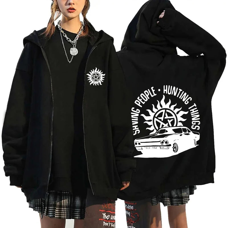 New Supernatural Printed Zipper Hooded Fashion Women Men Sweatshirt Casual Sport Hoodie Personality Zipper Long Sleeve Coat