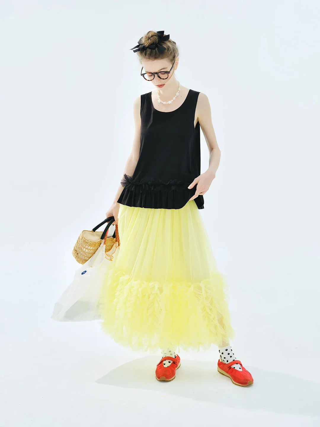 Women's Light Purple Tulle Midi Skirt with Ruffled Hem Elastic Waist Casual Fairy Style Summer  Flowy A-Line Skir 255106