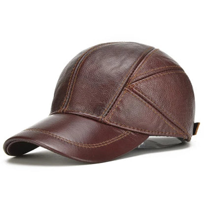 Casual Real Leather Earflap Cap Men's Real Cowhide Leather Caps Male Fall Winter Genuine Real Cow Leather Baseball Hats