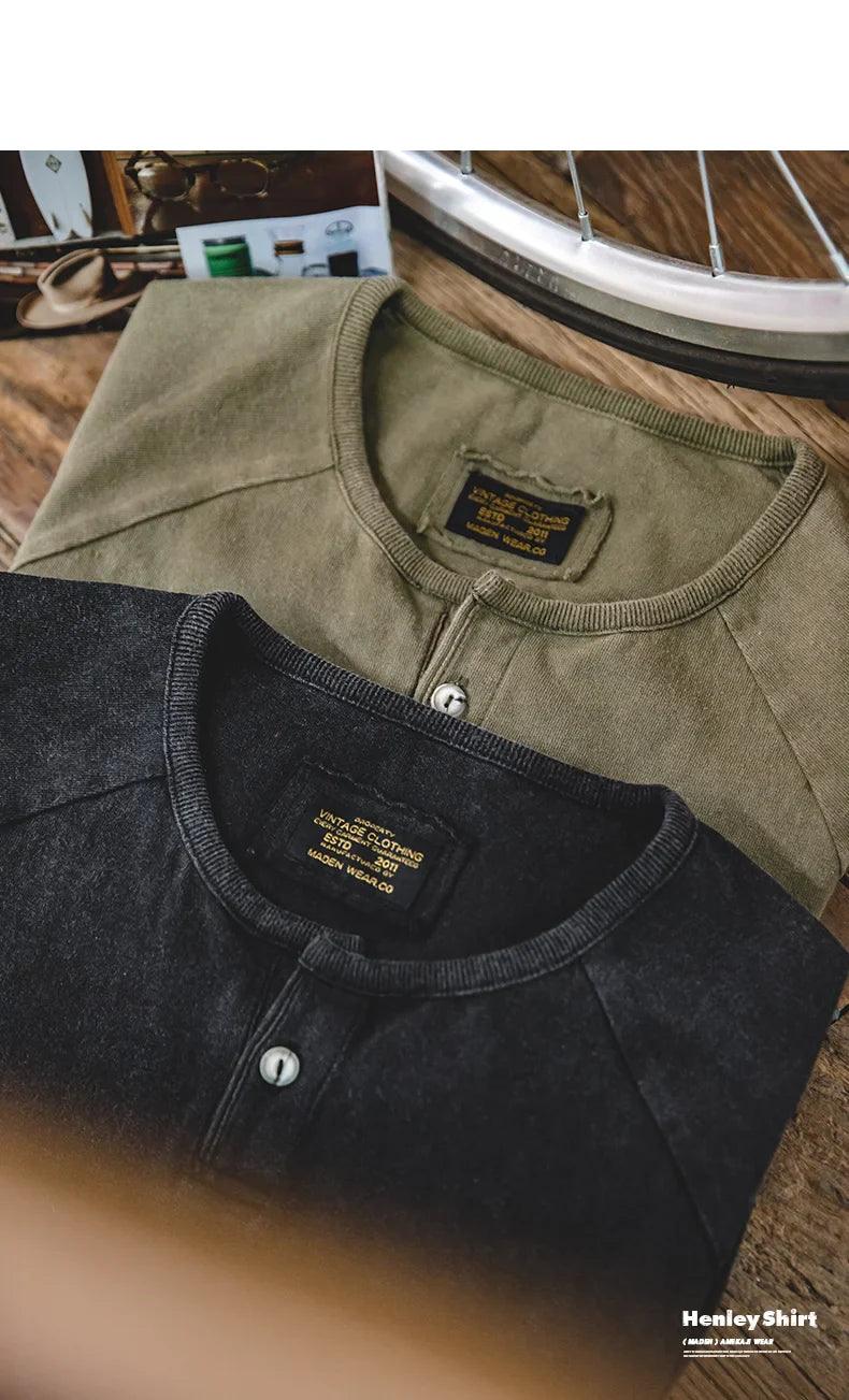 Japanese Vintage Heavyweight Henley T-Shirt Men Distressed Loose Short Sleeve Tops Casual Button Cotton Washed Tee Shirts