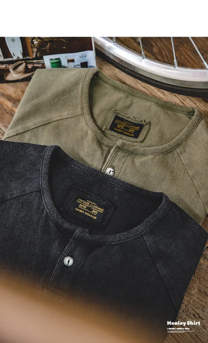 Japanese Vintage Heavyweight Henley T-Shirt Men Distressed Loose Short Sleeve Tops Casual Button Cotton Washed Tee Shirts