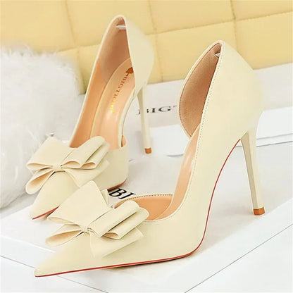 2024 Women 10.5cm High Heels Sweet Korean Side Hollow Pumps Lady Party Purple Green Kawaii Bowknot Heels Prom Silk Satin Shoes