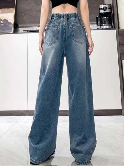Calça Jeans Feminina Plus Size Folgada Cintura Alta Perna Larga Azul Claro Elástico na Cintura Cordão Calças Outono Moda Plus Size