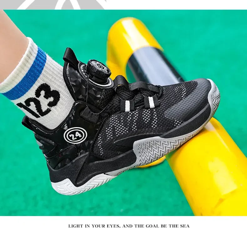 Boys Girls Quick Twist Lace Basketball Shoes Wear Resistant Comfortable Outdoor Athletic Footwear