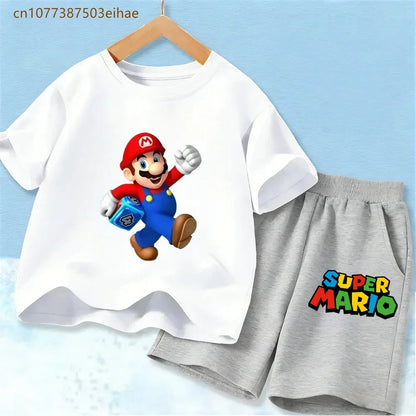 Kids Mario Graphic Short Sleeve T Shirt And Shorts Set Lightweight Summer Sport Costume Boys Girls Casual Home Outdoor Clothes