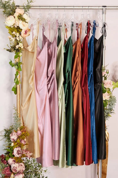 Spaghetti Straps Satin Silk Women Sheath Midi Bridesmaids Dress Champagne Mint Green Ankle-Length Wedding Party Formal Gowns