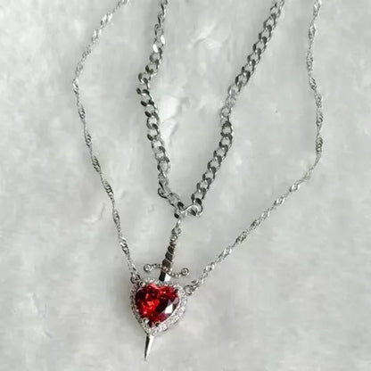 2pcs Can Be Assembled Heart and Sword Zircon Pendant Necklace for Women Men Couple Silver Gold Plated Choker Chain Jewelry