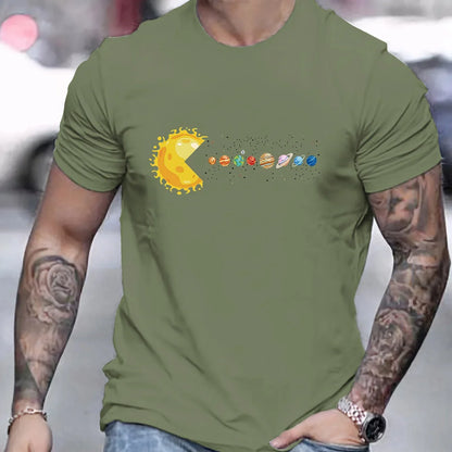 Men's 100% pure cotton summer loose and comfortable casual solar system Planets printed round neck short sleeved T-shirt top
